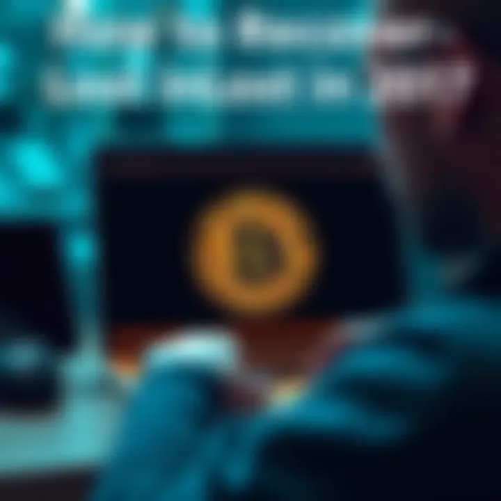 A person looking at a laptop screen with a Bitcoin logo, contemplating recovery options for lost Bitcoin.