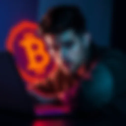 A person looking frustrated while trying to recover a cryptocurrency wallet on a laptop, with a digital currency symbol in the background.