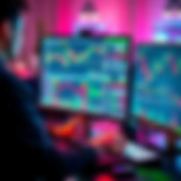 A person using a computer to automate sell orders for investments, with graphs and charts displayed on screen.