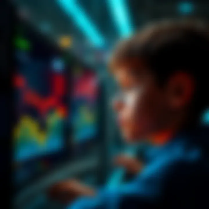 Reflecting on Bitcoin Dreams A young person looking at a screen displaying Bitcoin prices, with a thoughtful expression, representing lost opportunities.