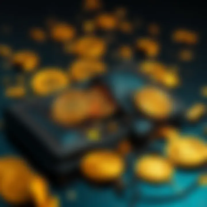 A broken wallet with Bitcoin symbols scattered around, symbolizing lost cryptocurrency due to addiction.