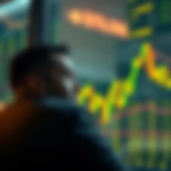 A person looking at a fluctuating stock chart with a concerned expression, symbolizing regret over selling assets at a high price.