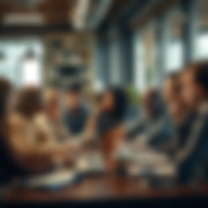A group of diverse people engaged in conversation about a thought-provoking sentence, with notebooks and coffee cups on the table.