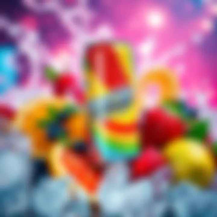 A colorful can of a trendy energy drink surrounded by fresh fruits and ice, depicting a vibrant and energizing scene.