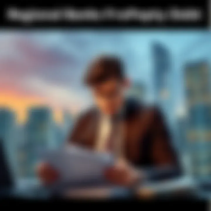 A worried bank manager examines financial reports with a backdrop of skyscrapers symbolizing property debt.