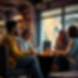 A group of diverse people sitting together, sharing stories and laughing, creating a warm atmosphere of connection.