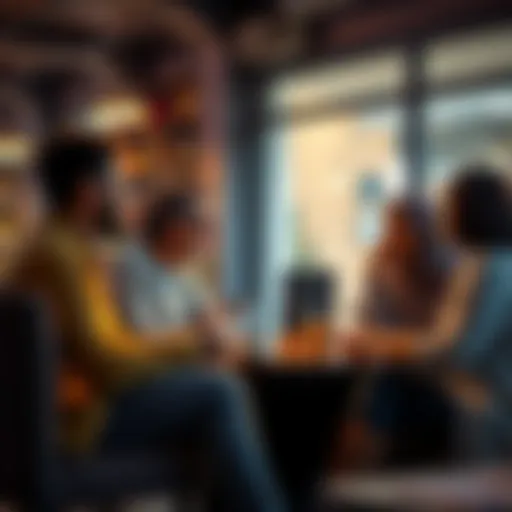 A group of diverse people sitting together, sharing stories and laughing, creating a warm atmosphere of connection.