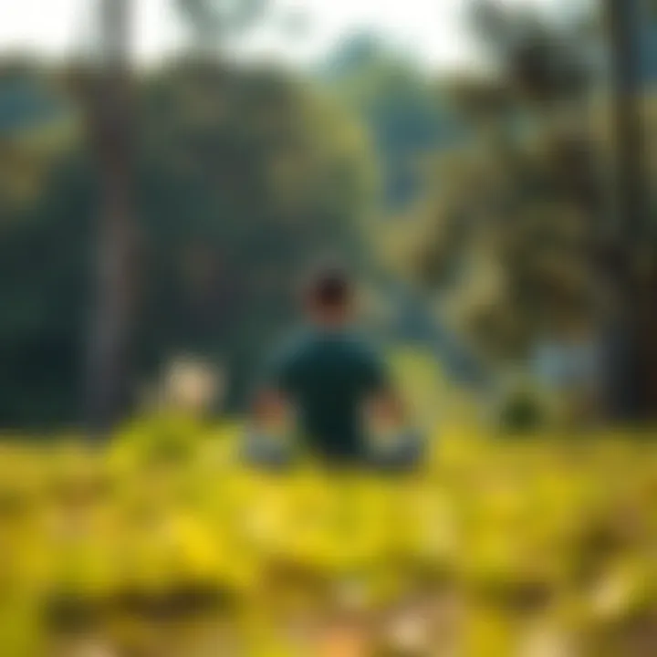 A person practicing mindfulness in a peaceful outdoor setting, surrounded by nature, sitting cross-legged and meditating.