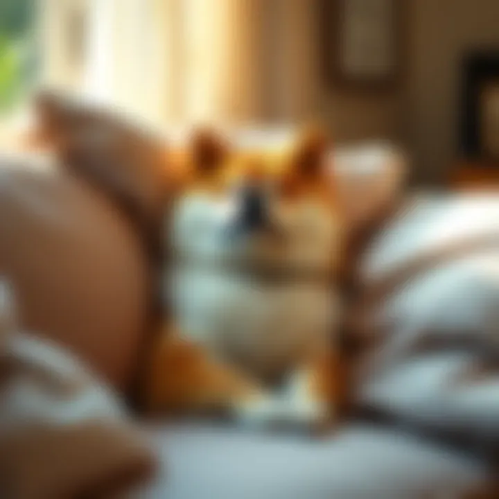 Relaxed Doge on a Couch A cheerful Shiba Inu dog lounges on a cozy couch, surrounded by pillows, embodying a peaceful and relaxed vibe. Soft light fills the room, creating a calming atmosphere.