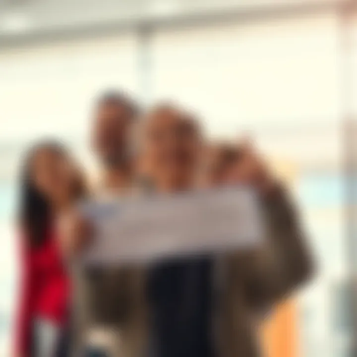 A relieved non-American individual smiling while holding a paper check representing partial payment from Kroll, surrounded by supportive friends