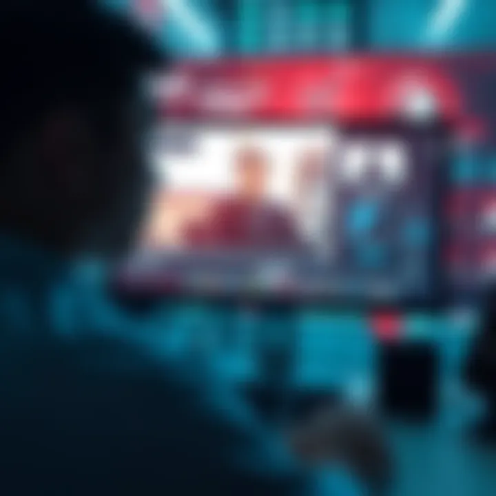 A concerned interviewer faces a computer screen displaying a candidate in a virtual job interview setting, with a backdrop of tech-related visuals, symbolizing security risks.