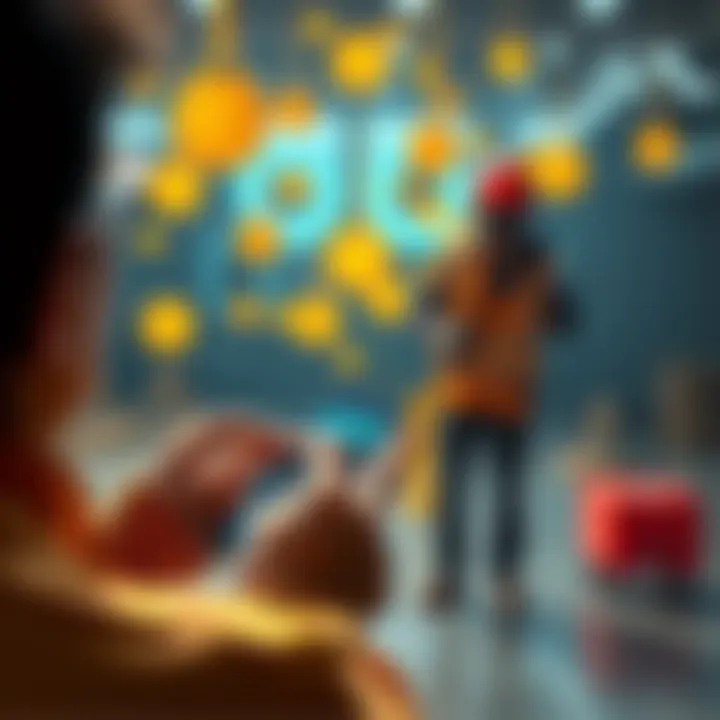 A person using a mobile app to hire another individual for a physical job, with cryptocurrency symbols in the background