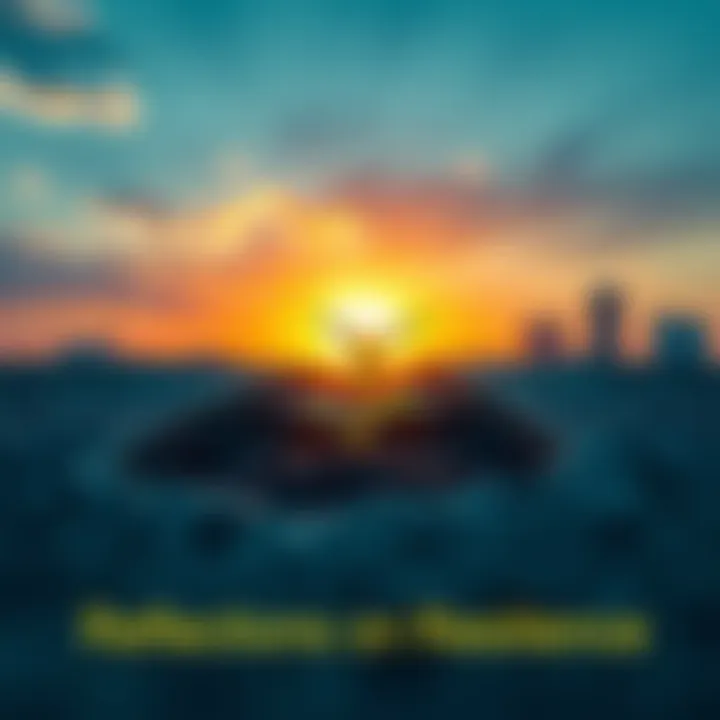 A symbolic representation of growth through challenges, featuring a sprouting plant breaking through concrete with a sunrise in the background.