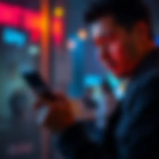 A worried person looking at their phone with a bank app open, showing a restricted account message