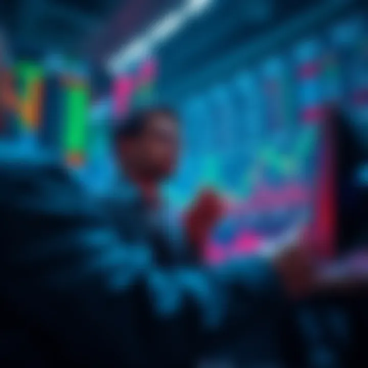 A graphic showing retail investors analyzing stock trends while cryptocurrencies fade into the background.