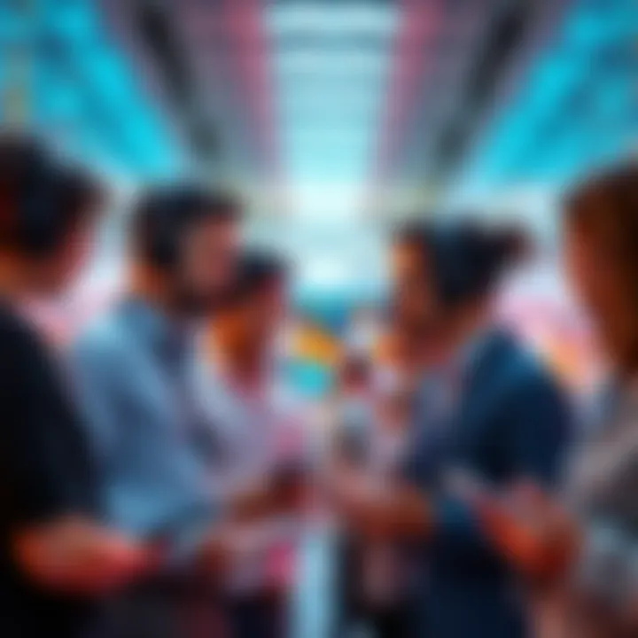 A group of retail traders discussing new trading strategies with digital devices in a bright modern environment