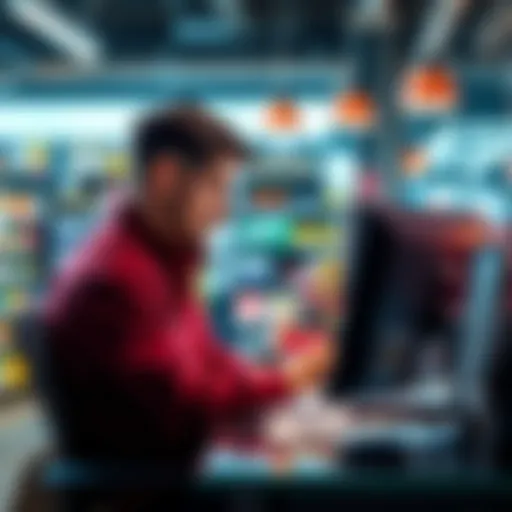 A retailer sits at a desk reviewing software designs for a custom point of sale system, looking focused and determined.