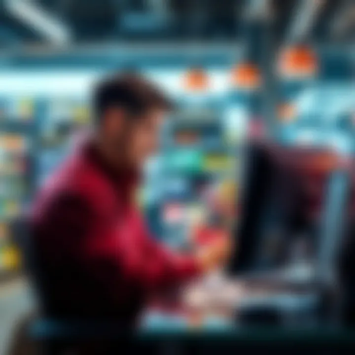 A retailer sits at a desk reviewing software designs for a custom point of sale system, looking focused and determined.