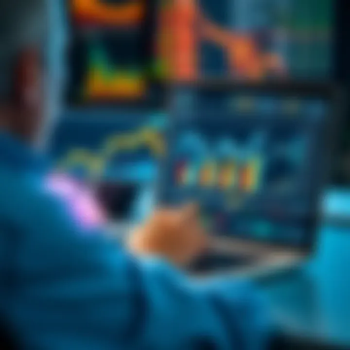 A person analyzing retirement account allocations with charts showing FBTC and VTI trends on a laptop