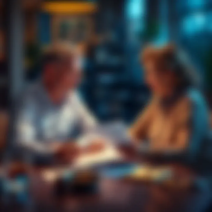 A couple sitting at a table with financial documents, discussing their retirement plans