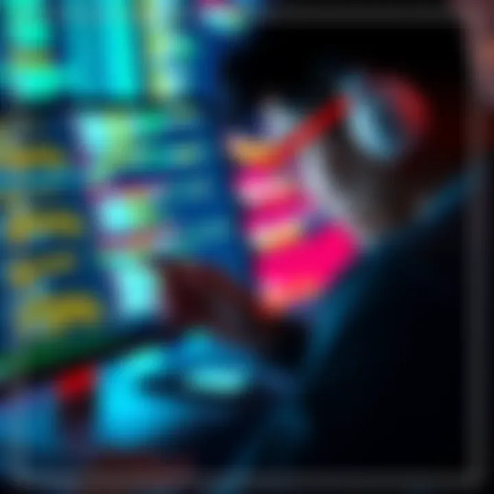 A person analyzing code on a computer screen with blockchain graphics in the background, representing the reverse engineering of GavCoin's token contract.