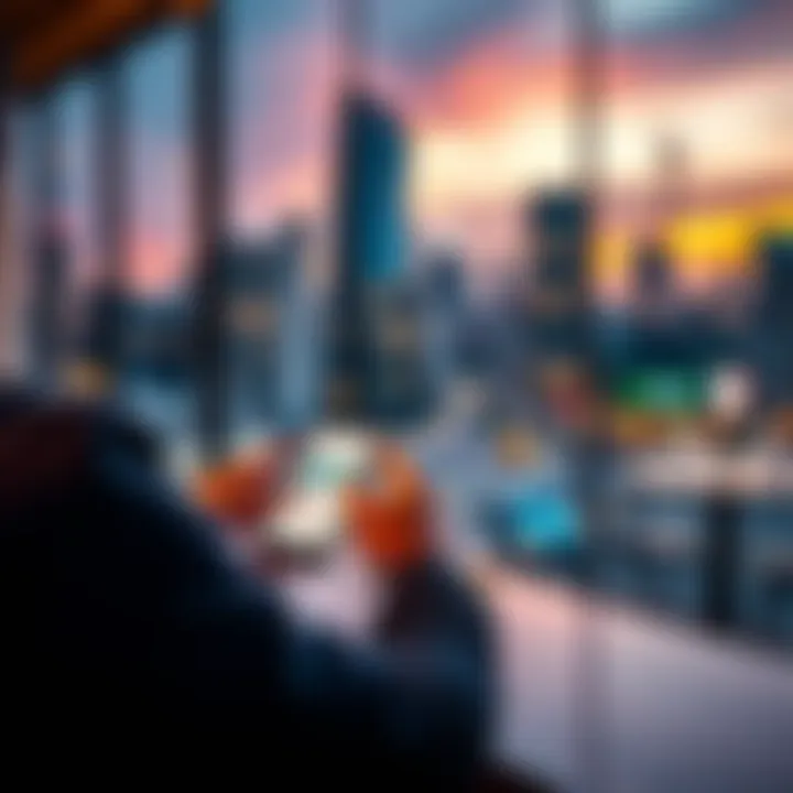 A person using a smartphone to check their Revolut account settings while sitting in a cafe with a view of the city skyline.