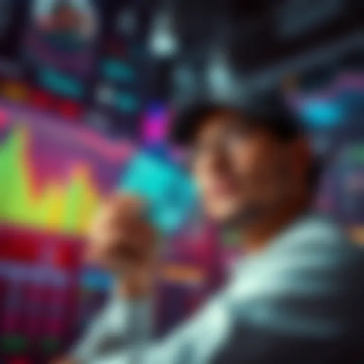 Navigating the Digital Banking Landscape A person contemplating their spending while holding a Revolut card, with a backdrop of digital financial graphics