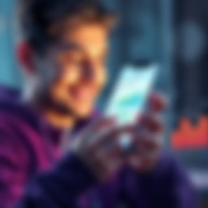 A person checking their Revolut account on a smartphone with a satisfied expression, surrounded by financial icons like money and graphs.