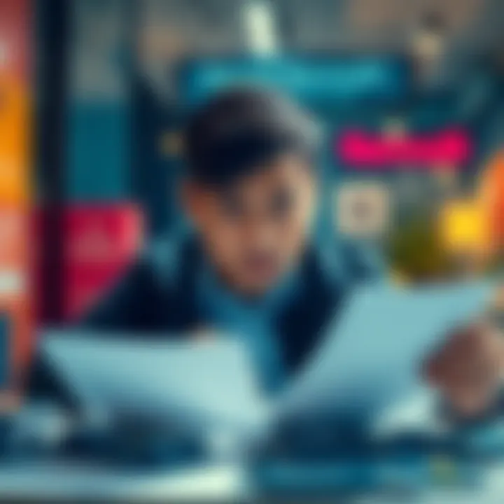 A business owner looking at financial documents with a confused expression, surrounded by empty reward cards, representing the absence of a points collection system in Revolut business.