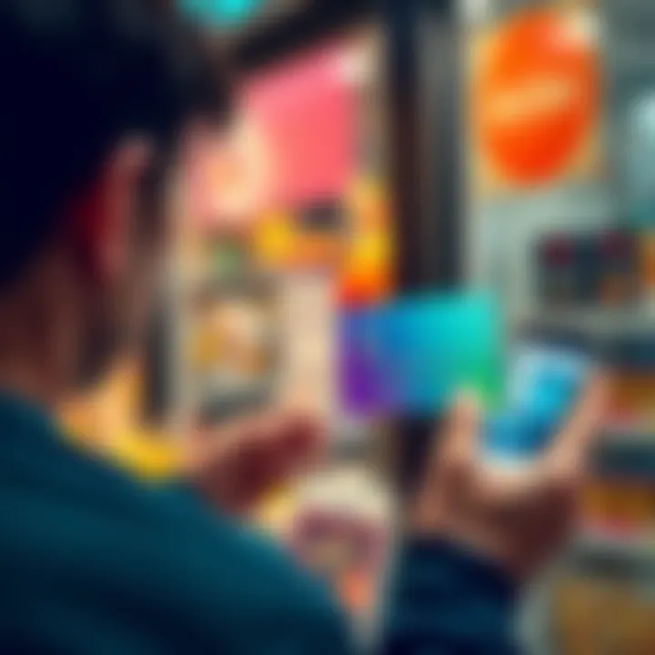 A person looking frustrated at a storefront while holding a Revolut card showing a decline message on a device