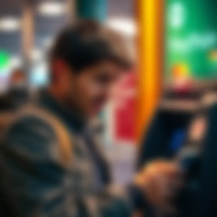 A frustrated user attempting to deposit cash with a PayPoint machine, showing the Revolut app on their phone, conveying the experience of transaction failure.