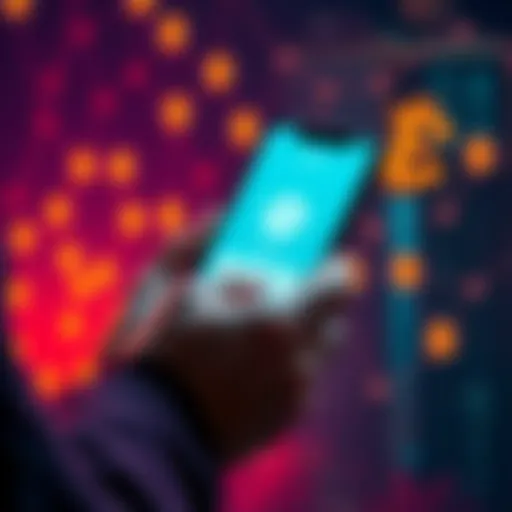 A person using a smartphone to withdraw cash from their Revolut account, with cryptocurrency symbols in the background.
