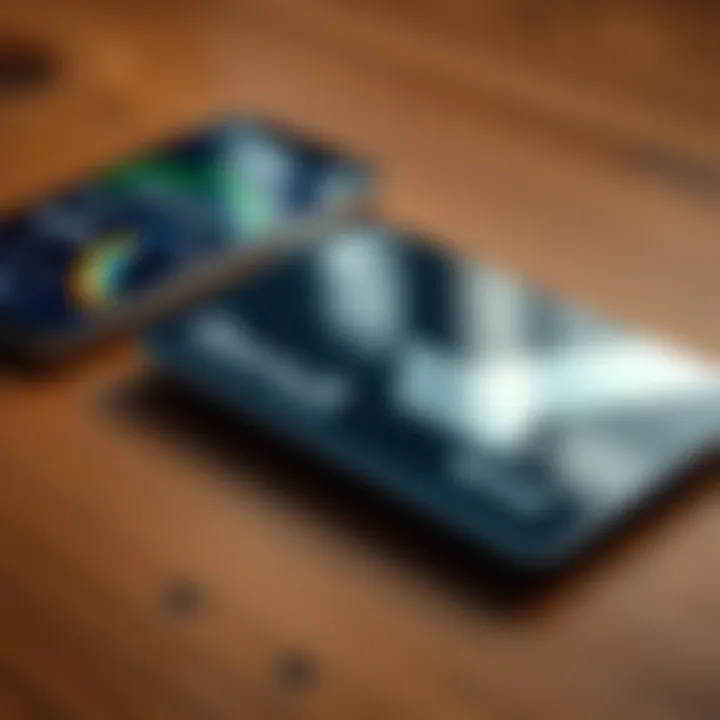 A close-up of a shiny Revolut metal card laying on a wooden table with a smartphone displaying the interest rate change