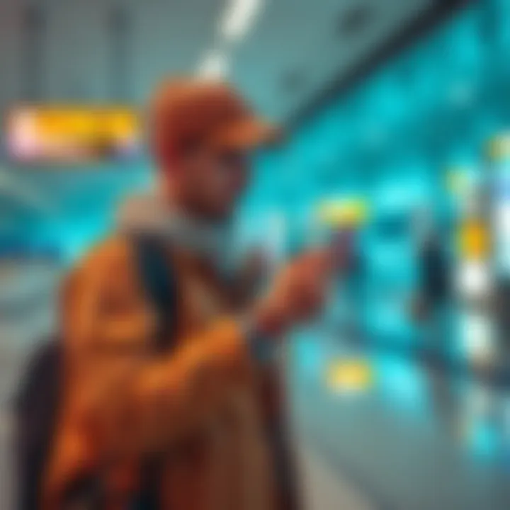 A traveler using Revolut on a smartphone at an airport