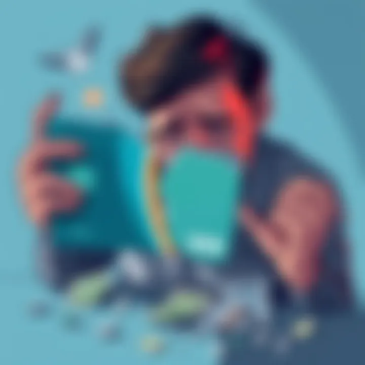 An illustration depicting a shattered bank card and a worried individual, symbolizing the struggle against fraud and account issues.