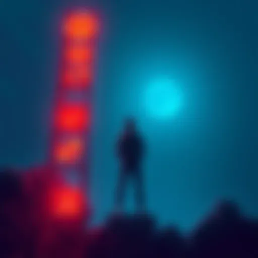 Rewards Ladder Completion A person standing at the top of a ladder with various challenge symbols around them, looking contemplative about future goals.