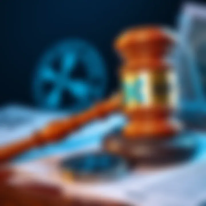 A gavel and XRP logo symbolizing the legal case between Ripple and the SEC, with a backdrop of legal documents.