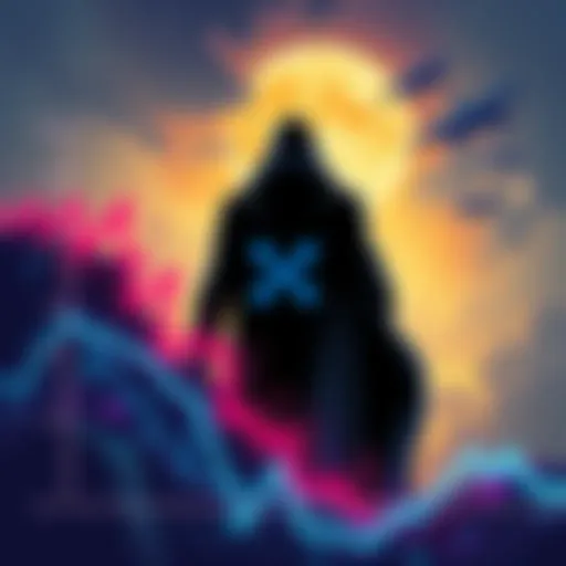 An illustration showing a downward trend in XRP price with a shadowy figure manipulating the market behind the scenes.