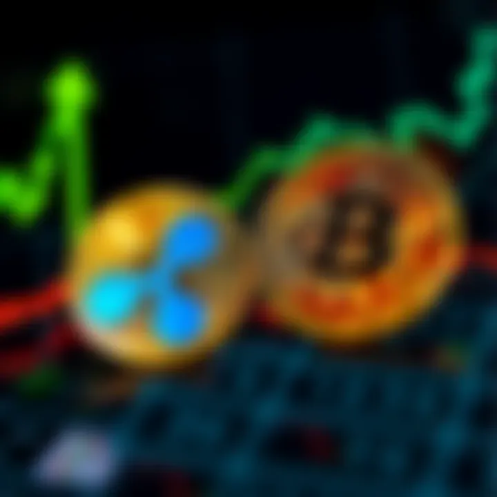 Visual representation showing Ripple's XRP and Bitcoin with upward trends in the background, symbolizing competition in cryptocurrency market.