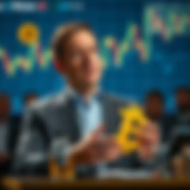 A concerned Ripple executive speaking at a press conference about Bitcoin, with a backdrop of fluctuating cryptocurrency charts.