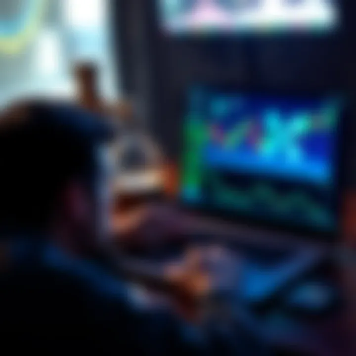 Ripple's Future Uncertain A person looking at a laptop displaying Ripple's logo and market charts, showing concern about future developments.