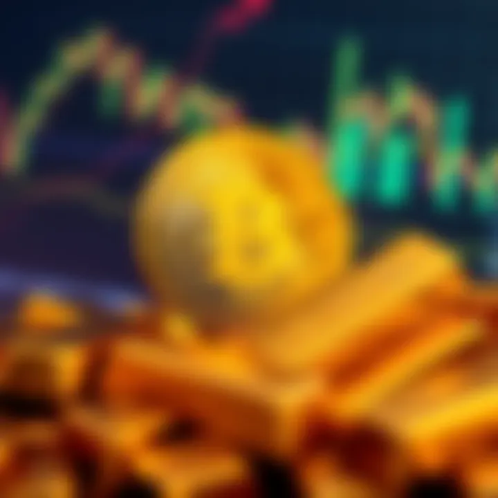 Bitcoin symbol and gold bars with a background of falling stock market graphs
