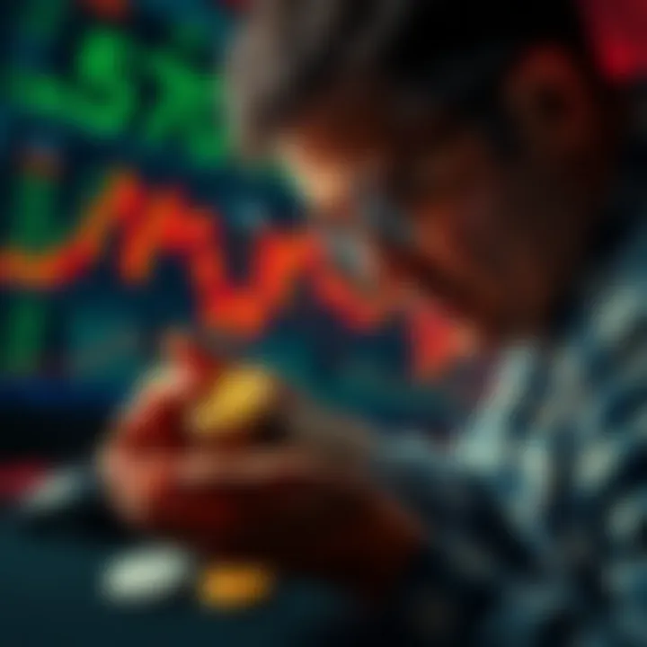 A person examining various junk coins with fluctuating price charts in the background