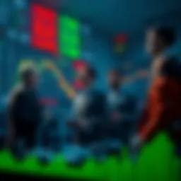 A group of investors reviewing stock charts and discussing profit-taking strategies as market prices increase.