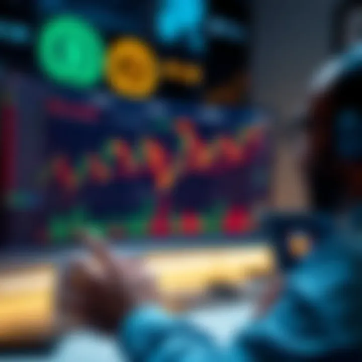 A person analyzing investment data on a computer screen with graphs and blockchain icons in the background, representing risk management across protocols.