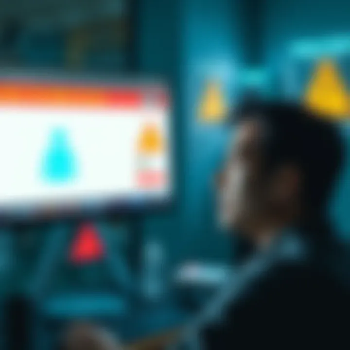 A worried person looking at a computer screen with warning signs about account security and address management.