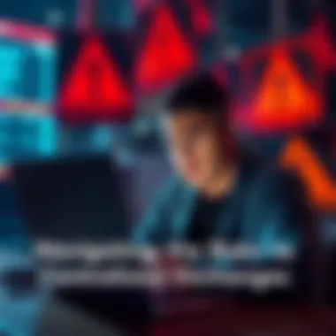 Risks of Centralized Exchanges A person looking worried while checking cryptocurrency prices on a laptop, with caution signs in the background.