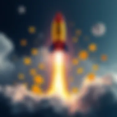 A colorful rocket launching into the sky surrounded by various cryptocurrency symbols representing a market surge