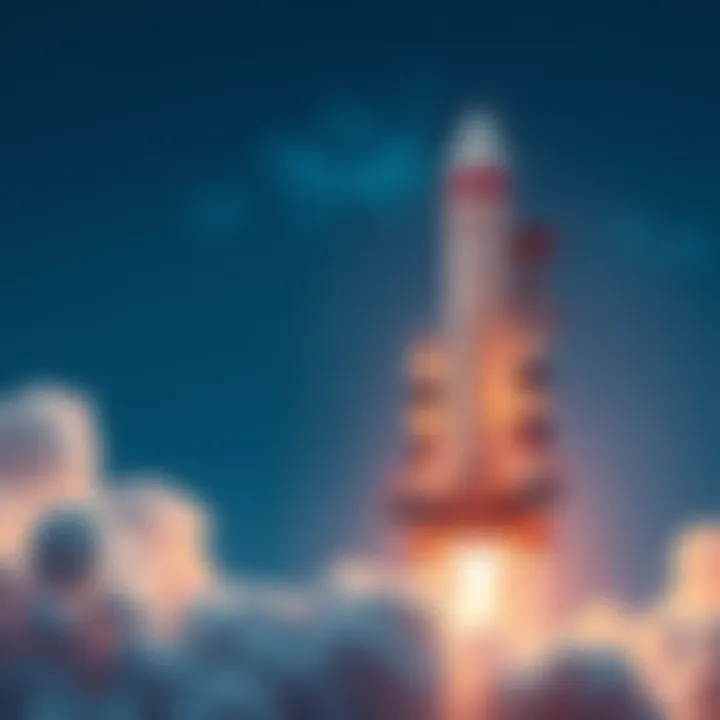 A powerful rocket blasting off from a launch pad into the blue sky, with smoke trailing behind it.