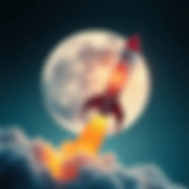 A rocket launching into space with the Moon in the background, symbolizing the excitement around price targets for a specific token.